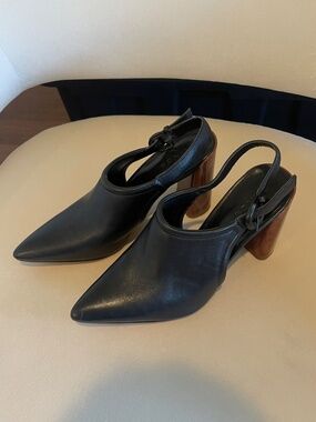 Vince Black Leather Point Toe Chunky Block Heels
